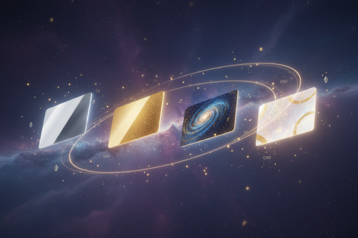 Four glowing tier cards floating in a cosmic night sky.
Silver, gold, blue-gold cosmic, and white-gold cards aligned horizontally.
Soft nebula background, swirling energy lines connecting each card, symbolizing a wealth journey flow.
Golden particles, floating currency symbols (BTC, ETH, USD, CAD), subtle sparkles.
Premium, mystical, seamless. No text on cards.
SourceIAM + Flow888 style.